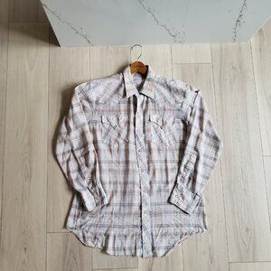 VTG H Bar C Ranchwear Western Shirt Mens L Long Tail Pastel Plaid Pearl Snap USA